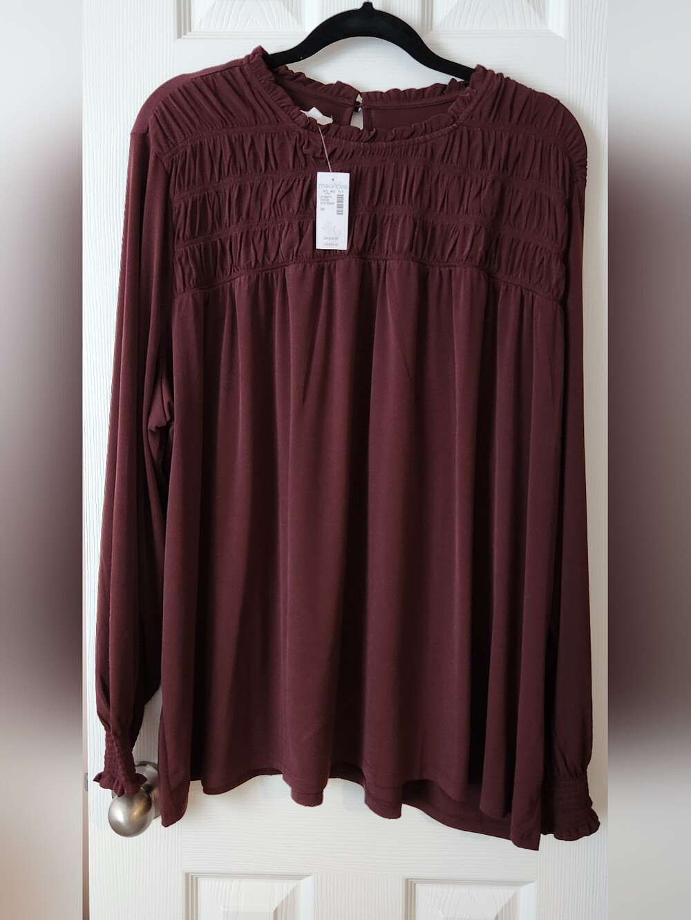 Maurices 3X Burgundy Smocked Yoke Long Sleeve Tunic